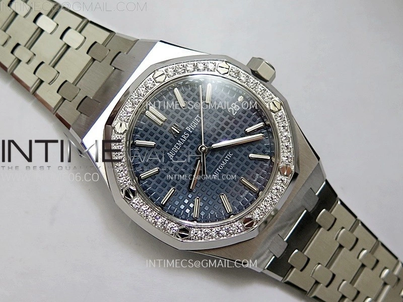 Royal Oak 37mm 15451 SS Diamonds APSF 1:1 Best Edition Blue Textured Dial on SS Bracelet SA3120 Super Clone