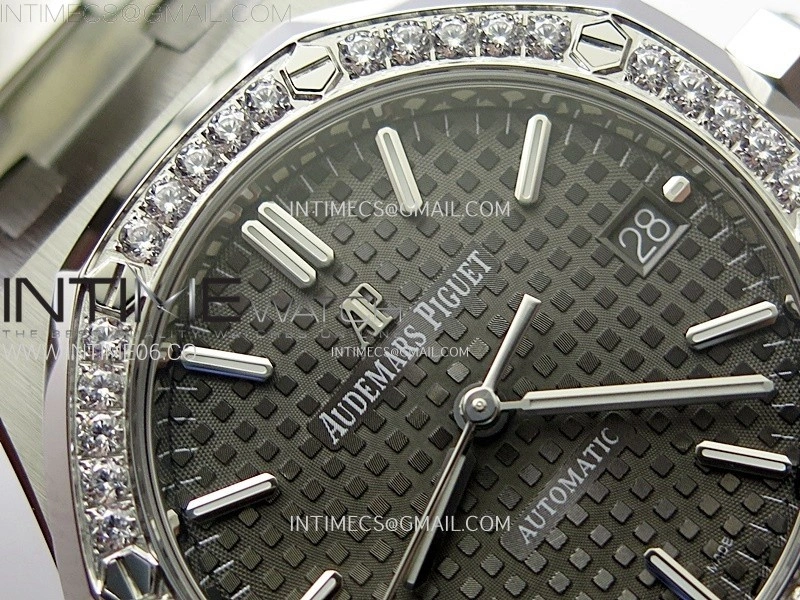 Royal Oak 37mm 15451 SS Diamonds APSF 1:1 Best Edition Gray Textured Dial on SS Bracelet SA3120 Super Clone