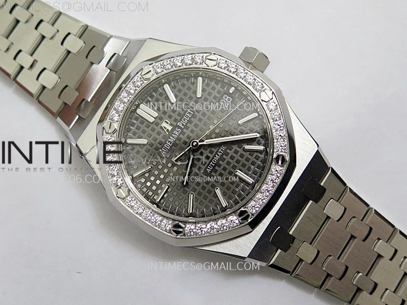 Royal Oak 37mm 15451 SS Diamonds APSF 1:1 Best Edition Gray Textured Dial on SS Bracelet SA3120 Super Clone