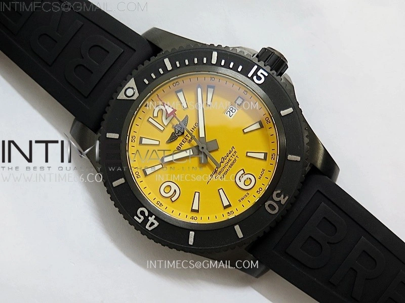 SuperOcean Automatic 46mm DLC TF 1:1 Best Edition Yellow Dial on Black Rubber Strap A2824