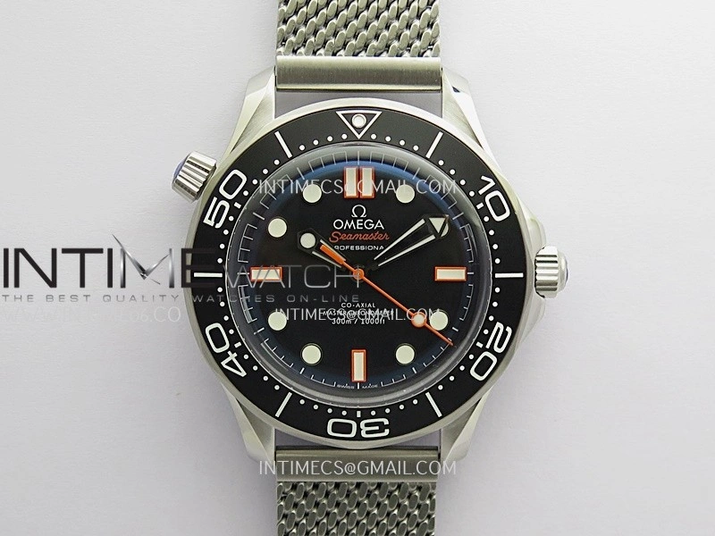 Seamaster 300M Diver 42mm Orange Second Hand SS ORF Best Edition Black Dial On Mesh Bracelet SuperClone 8806