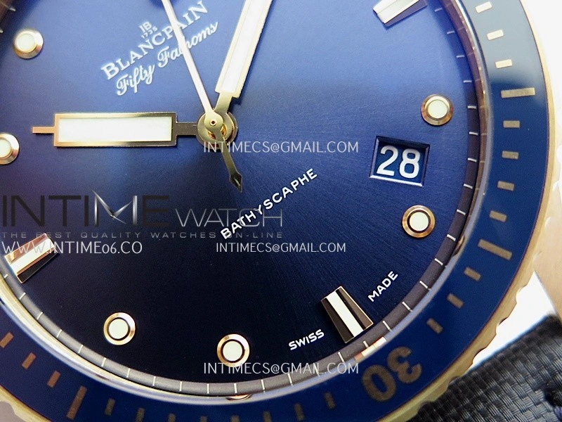 Fifty Fathoms Bathyscape Blue Ceramic Bezel RG GF 1:1 Best Edition Blue Dial On Blue Nylon Strap A1315