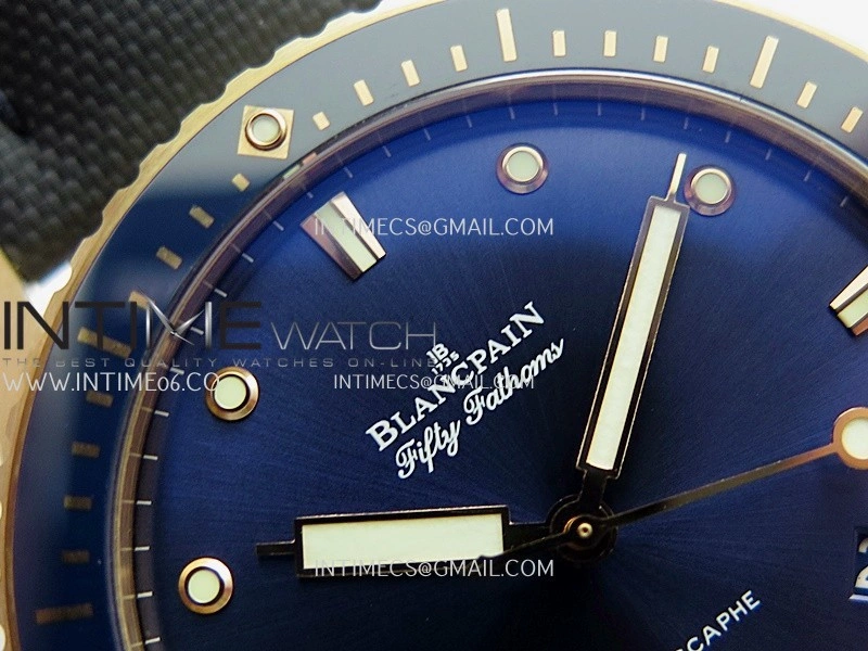 Fifty Fathoms Bathyscape Blue Ceramic Bezel RG GF 1:1 Best Edition Blue Dial On Blue Nylon Strap A1315
