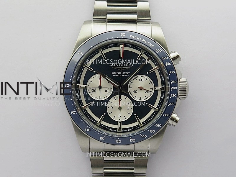 Conquest Chronograph 42mm Blue Ceramic Bezel SS AF 1:1 Best Edition Blue Dial On SS Bracelet A7750