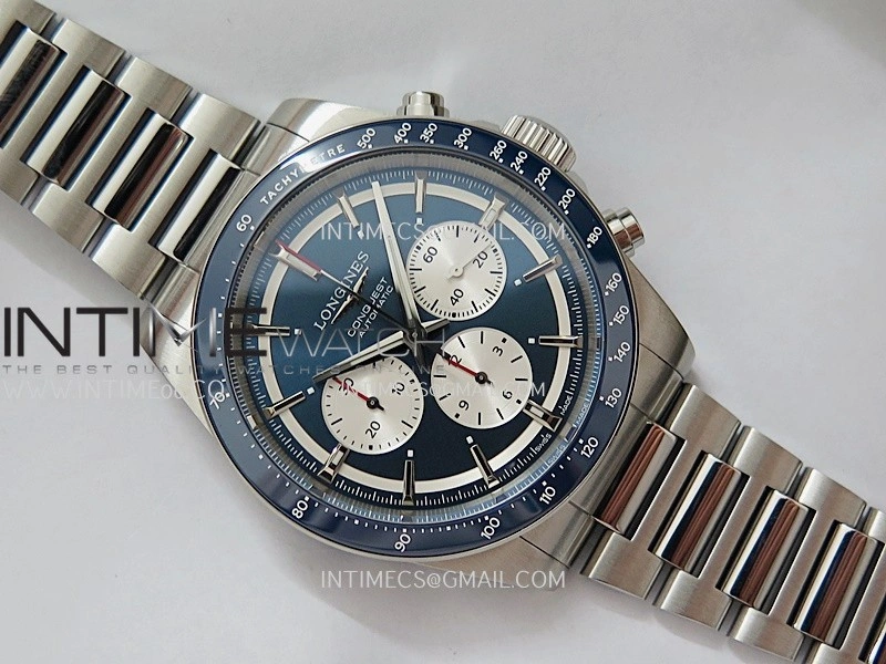 Conquest Chronograph 42mm Blue Ceramic Bezel SS AF 1:1 Best Edition Blue Dial On SS Bracelet A7750