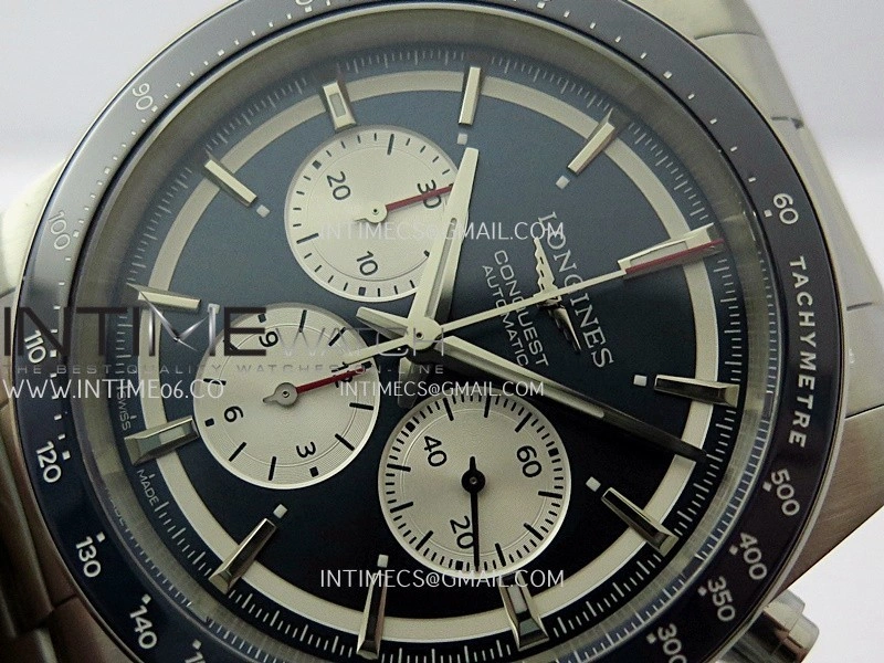 Conquest Chronograph 42mm Blue Ceramic Bezel SS AF 1:1 Best Edition Blue Dial On SS Bracelet A7750