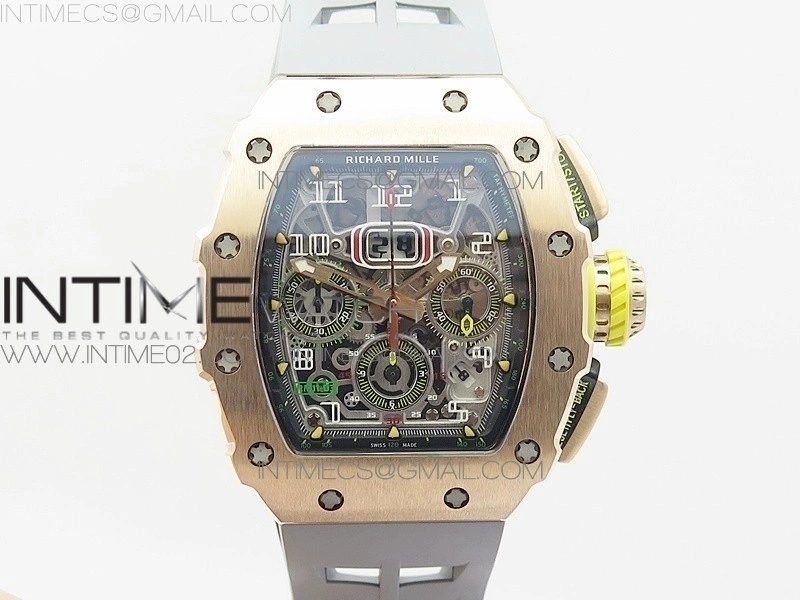 RM011 RG Chronograph RG Case KVF 1:1 Best Edition Crystal Skeleton Dial on Gray Rubber Strap A7750