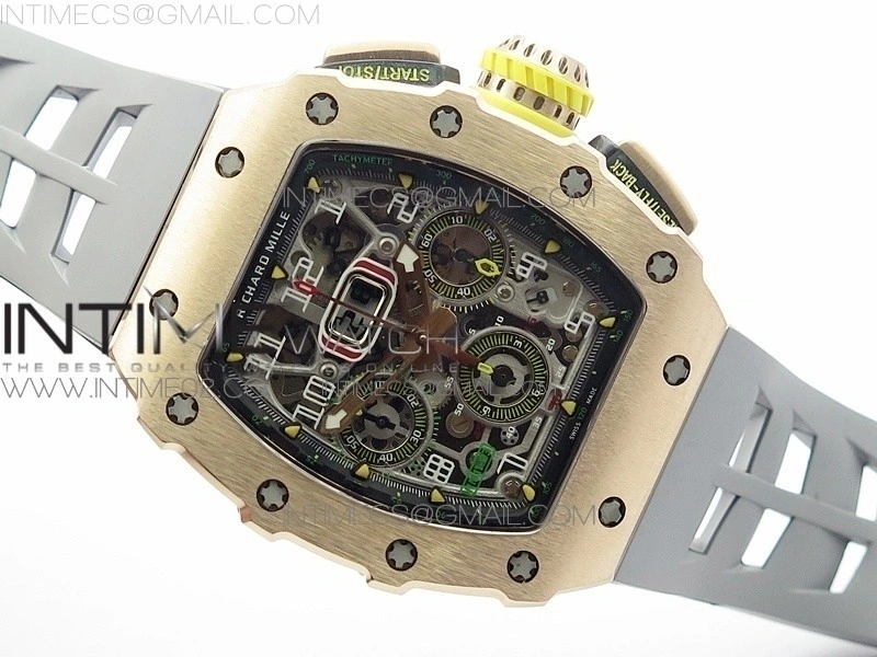 RM011 RG Chronograph RG Case KVF 1:1 Best Edition Crystal Skeleton Dial on Gray Rubber Strap A7750