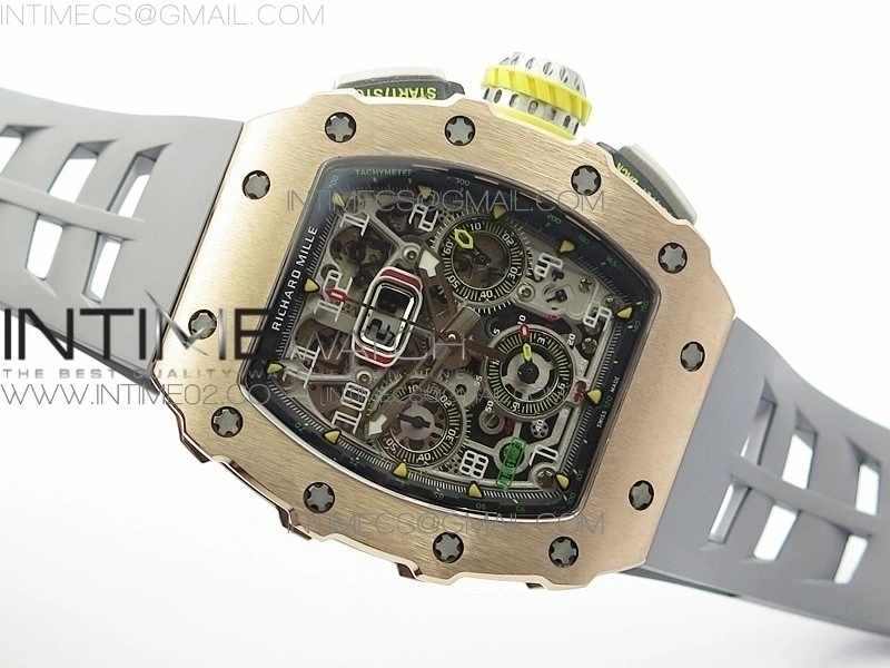 RM011 RG Chronograph SS Case KVF 1:1 Best Edition Crystal Skeleton Dial on Gray Rubber Strap A7750