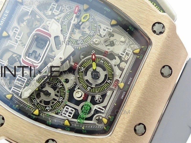 RM011 RG Chronograph SS Case KVF 1:1 Best Edition Crystal Skeleton Dial on Gray Rubber Strap A7750