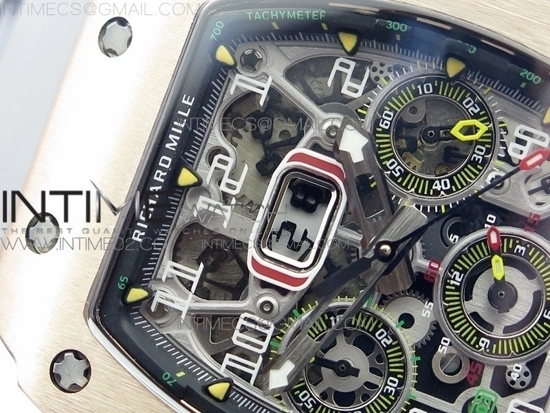 RM011 RG Chronograph SS Case KVF 1:1 Best Edition Crystal Skeleton Dial on Gray Rubber Strap A7750