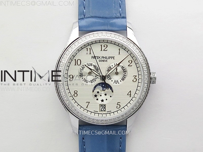 Annual Calendar 4947G SS Diamonds Bezel N1F Best Edition White Dial on Blue Leather Strap A324