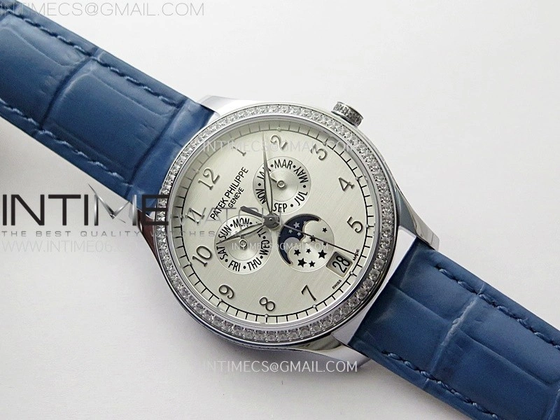 Annual Calendar 4947G SS Diamonds Bezel N1F Best Edition White Dial on Blue Leather Strap A324