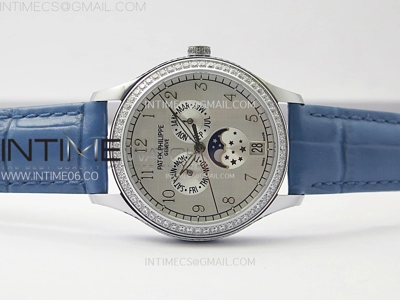 Annual Calendar 4947G SS Diamonds Bezel N1F Best Edition White Dial on Blue Leather Strap A324