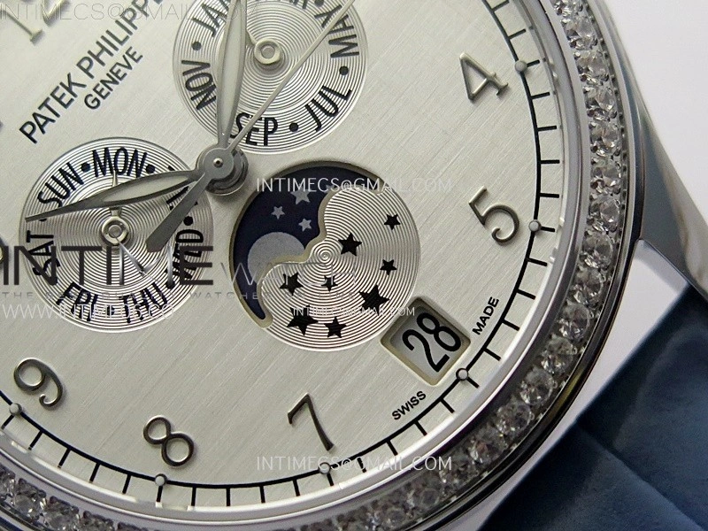 Annual Calendar 4947G SS Diamonds Bezel N1F Best Edition White Dial on Blue Leather Strap A324