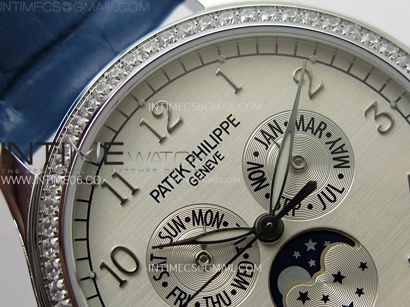 Annual Calendar 4947G SS Diamonds Bezel N1F Best Edition White Dial on Blue Leather Strap A324