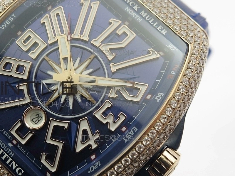 Vanguard V45 RG Full Diamonds Blue Textured Numbers Markers on Blue Gummy Strap A2813