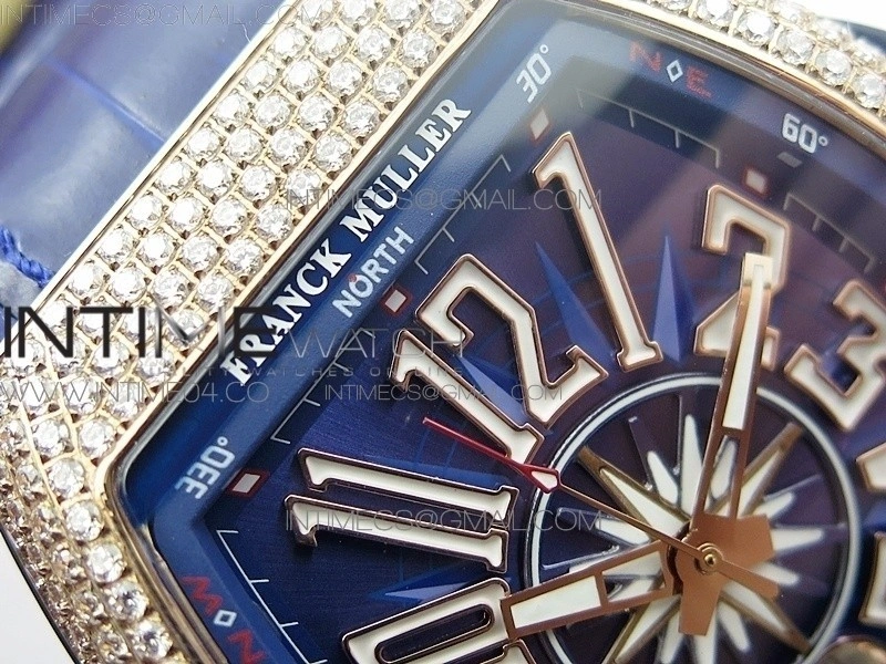 Vanguard V45 RG Full Diamonds Blue Textured Numbers Markers on Blue Gummy Strap A2813