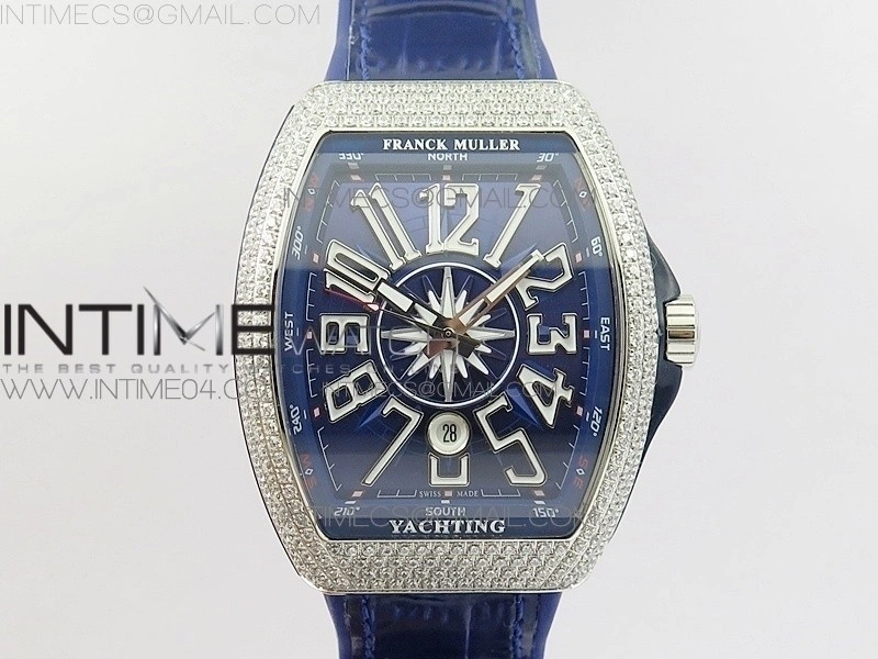 Vanguard V45 SS Full Diamonds Blue Textured Numbers Markers on Blue Gummy Strap A2813