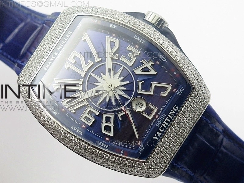 Vanguard V45 SS Full Diamonds Blue Textured Numbers Markers on Blue Gummy Strap A2813