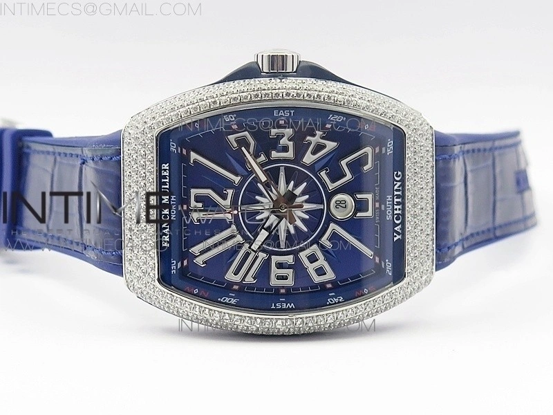 Vanguard V45 SS Full Diamonds Blue Textured Numbers Markers on Blue Gummy Strap A2813