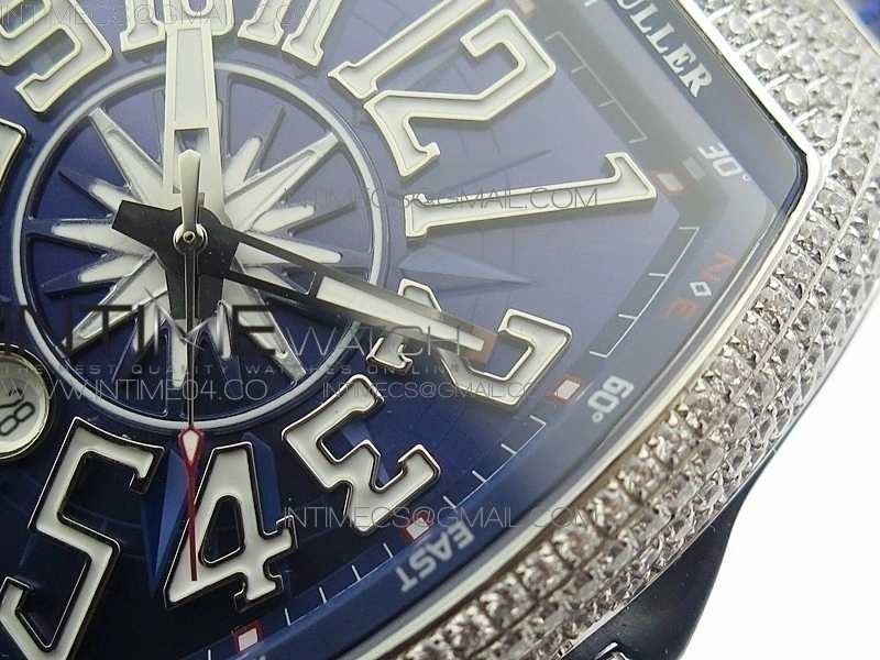 Vanguard V45 SS Full Diamonds Blue Textured Numbers Markers on Blue Gummy Strap A2813