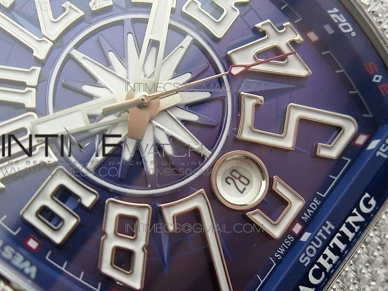 Vanguard V45 SS Full Diamonds Blue Textured Numbers Markers on Blue Gummy Strap A2813