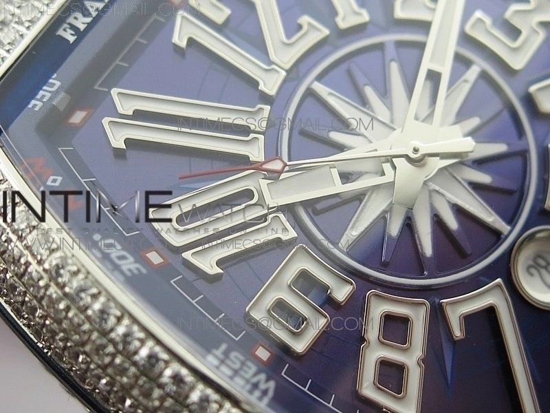 Vanguard V45 SS Full Diamonds Blue Textured Numbers Markers on Blue Gummy Strap A2813