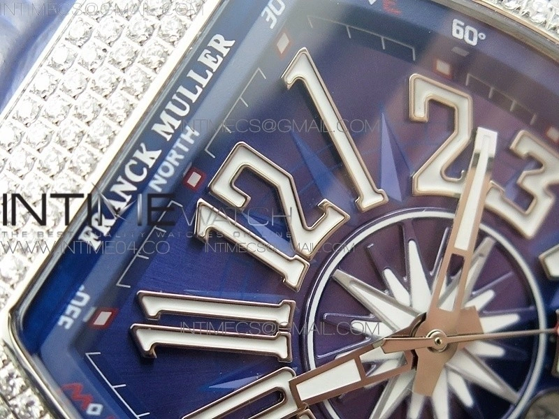 Vanguard V45 SS Full Diamonds Blue Textured Numbers Markers on Blue Gummy Strap A2813