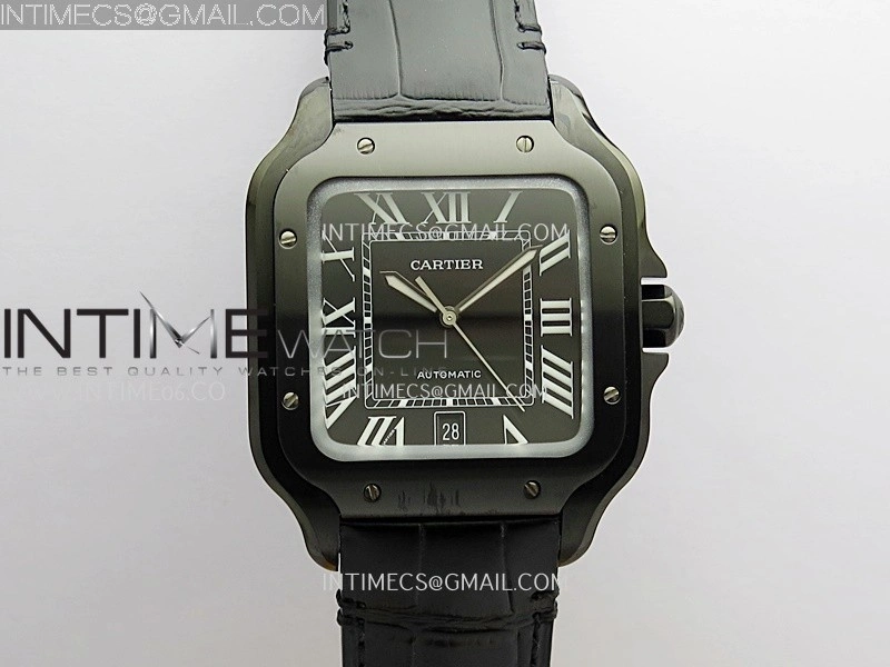 Santos de Cartier 40mm DLC GF 1:1 Best Edition Black Dial on Black Leather Strap MIYOTA 9015