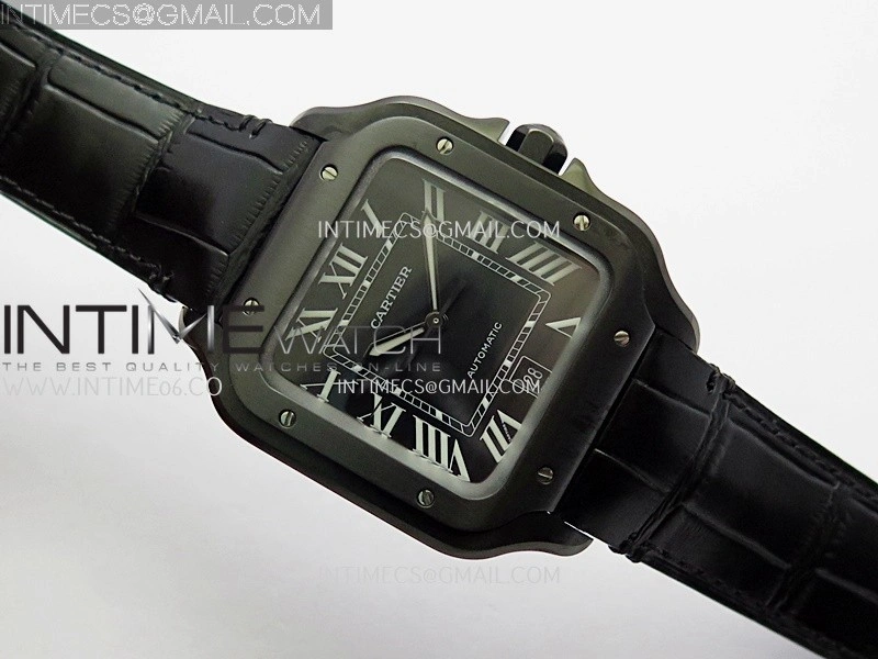 Santos de Cartier 40mm DLC GF 1:1 Best Edition Black Dial on Black Leather Strap MIYOTA 9015