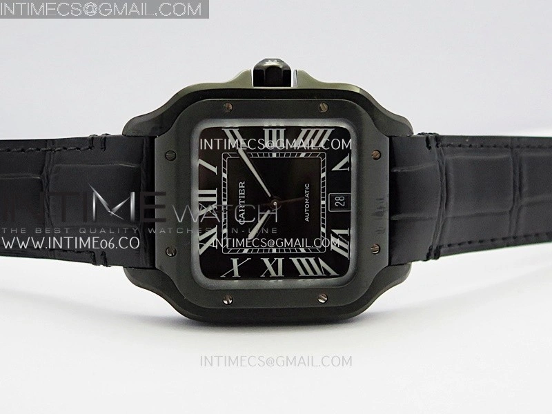 Santos de Cartier 40mm DLC GF 1:1 Best Edition Black Dial on Black Leather Strap MIYOTA 9015