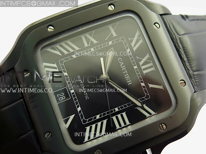 Santos de Cartier 40mm DLC GF 1:1 Best Edition Black Dial on Black Leather Strap MIYOTA 9015