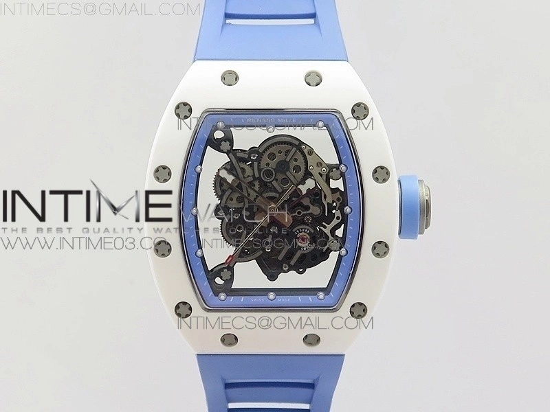 RM055 Real White Ceramic Case V2 KVF Best Edition Skeleton Dial Blue Crown on Blue Rubber Strap MIYOTA8215
