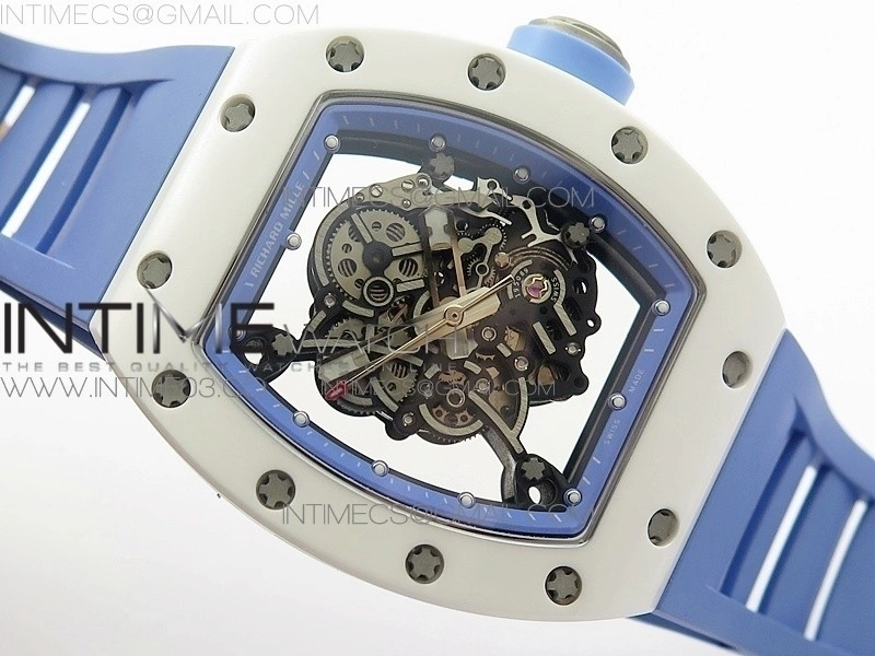 RM055 Real White Ceramic Case V2 KVF Best Edition Skeleton Dial Blue Crown on Blue Rubber Strap MIYOTA8215