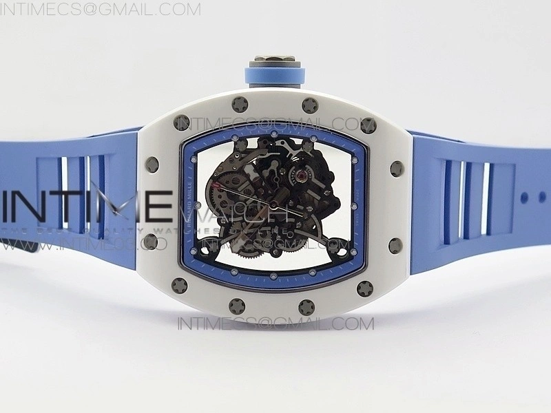 RM055 Real White Ceramic Case V2 KVF Best Edition Skeleton Dial Blue Crown on Blue Rubber Strap MIYOTA8215