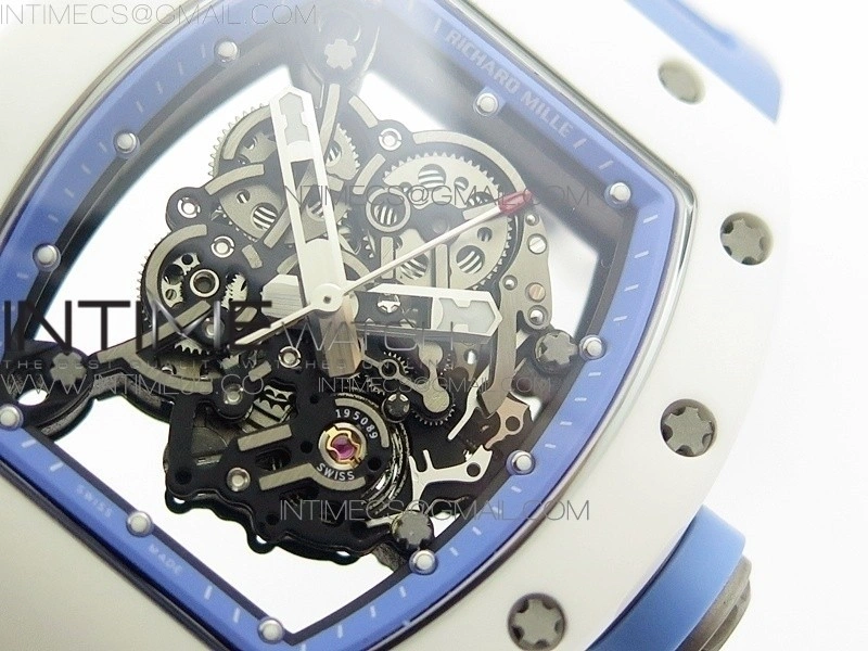 RM055 Real White Ceramic Case V2 KVF Best Edition Skeleton Dial Blue Crown on Blue Rubber Strap MIYOTA8215