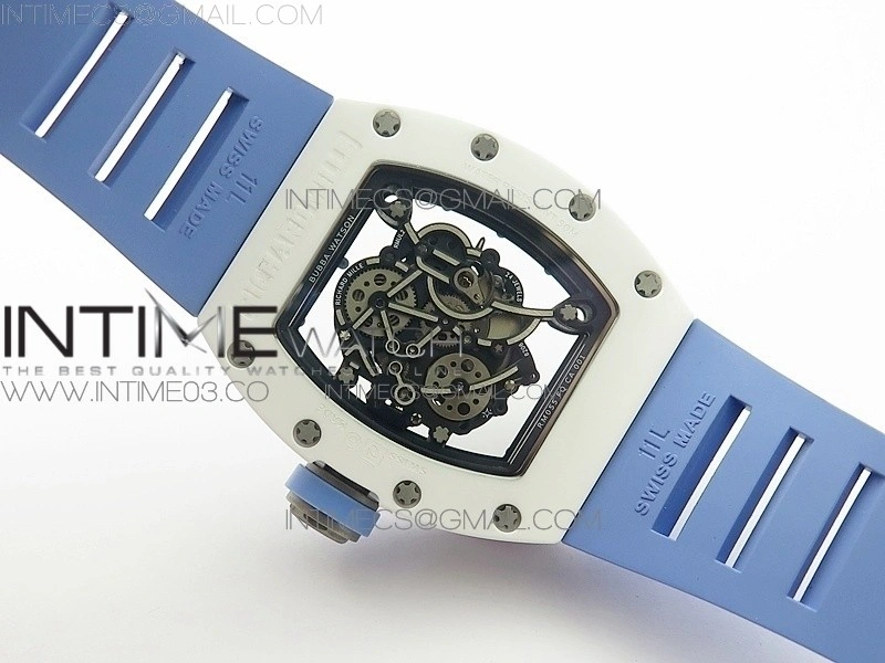RM055 Real White Ceramic Case V2 KVF Best Edition Skeleton Dial Blue Crown on Blue Rubber Strap MIYOTA8215
