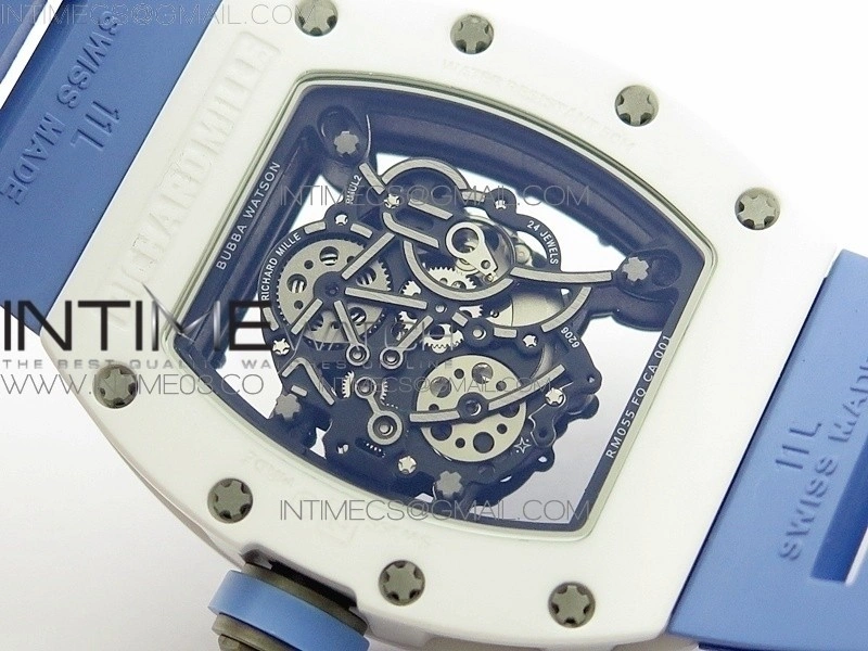 RM055 Real White Ceramic Case V2 KVF Best Edition Skeleton Dial Blue Crown on Blue Rubber Strap MIYOTA8215