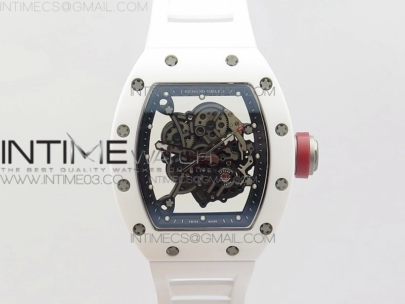 RM055 Real White Ceramic Case V2 KVF Best Edition Skeleton Dial Red Crown on White Rubber Strap MIYOTA8215