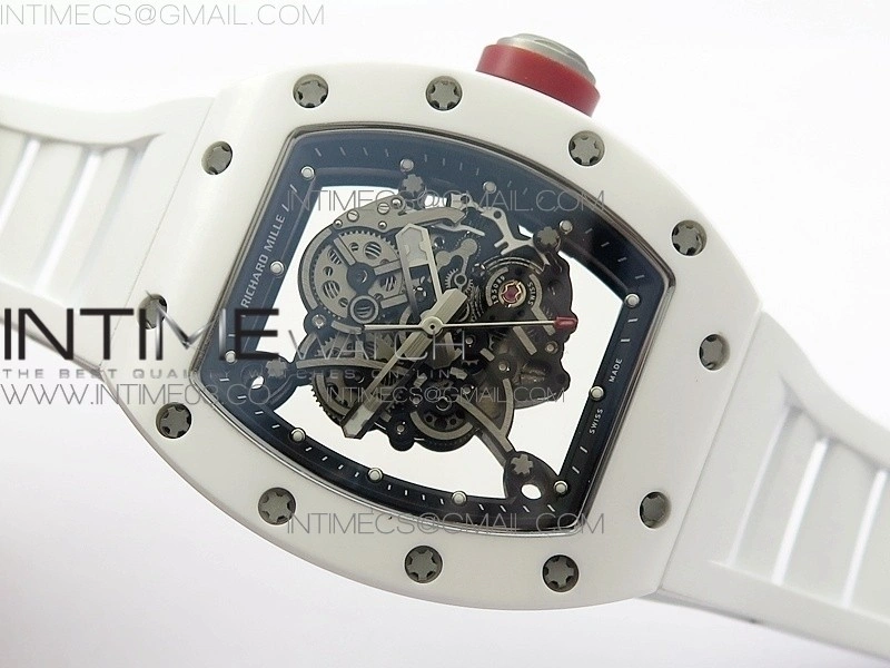 RM055 Real White Ceramic Case V2 KVF Best Edition Skeleton Dial Red Crown on White Rubber Strap MIYOTA8215