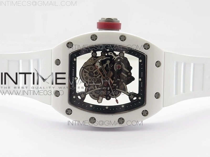 RM055 Real White Ceramic Case V2 KVF Best Edition Skeleton Dial Red Crown on White Rubber Strap MIYOTA8215