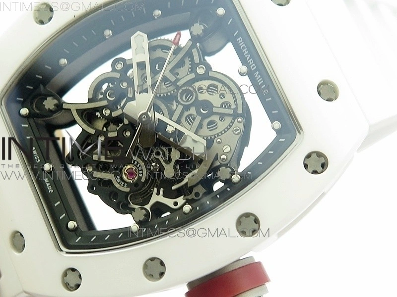 RM055 Real White Ceramic Case V2 KVF Best Edition Skeleton Dial Red Crown on White Rubber Strap MIYOTA8215