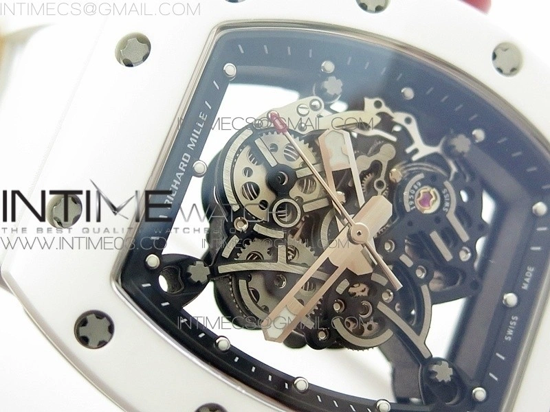 RM055 Real White Ceramic Case V2 KVF Best Edition Skeleton Dial Red Crown on White Rubber Strap MIYOTA8215