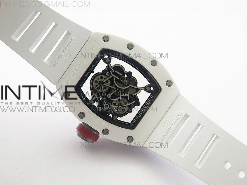 RM055 Real White Ceramic Case V2 KVF Best Edition Skeleton Dial Red Crown on White Rubber Strap MIYOTA8215