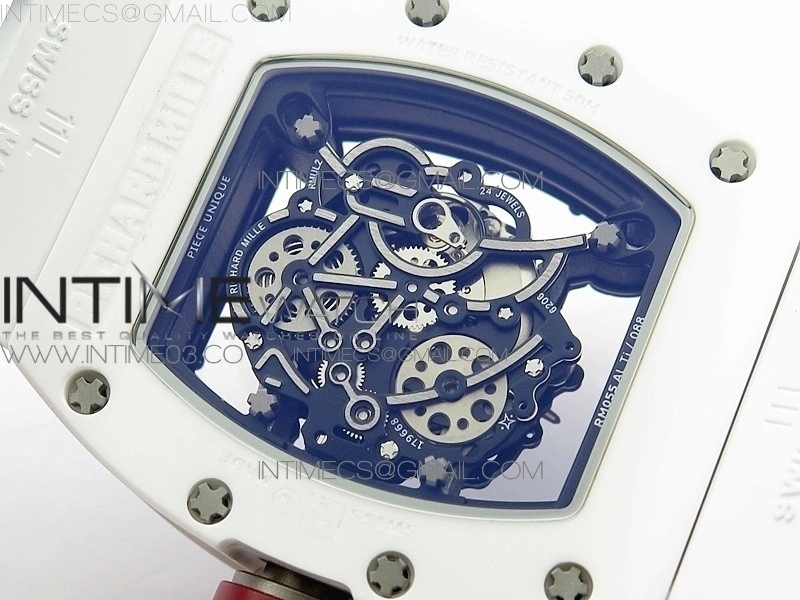 RM055 Real White Ceramic Case V2 KVF Best Edition Skeleton Dial Red Crown on White Rubber Strap MIYOTA8215