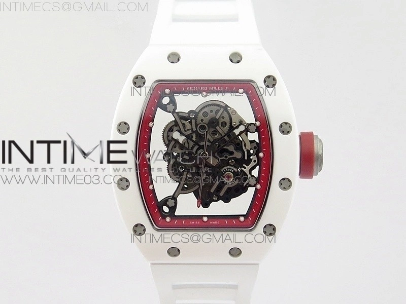 RM055 Real White Ceramic Case V2 KVF Best Edition Skeleton Dial Red Crown on White Rubber Strap MIYOTA8215