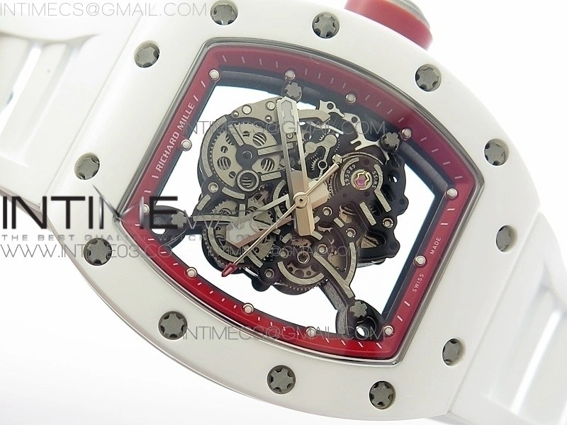 RM055 Real White Ceramic Case V2 KVF Best Edition Skeleton Dial Red Crown on White Rubber Strap MIYOTA8215