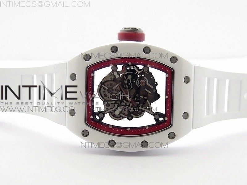 RM055 Real White Ceramic Case V2 KVF Best Edition Skeleton Dial Red Crown on White Rubber Strap MIYOTA8215