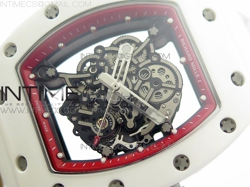 RM055 Real White Ceramic Case V2 KVF Best Edition Skeleton Dial Red Crown on White Rubber Strap MIYOTA8215